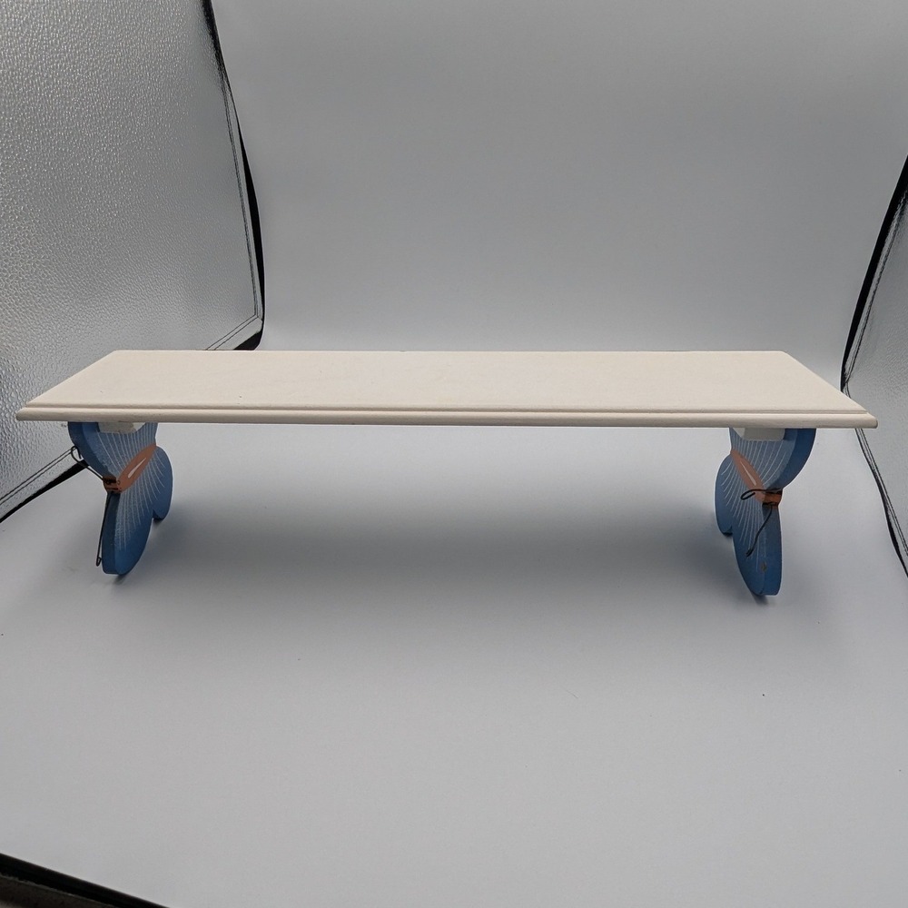 Wooden Floating Shelf Blue Butterfly Hand Painted White Whimsical